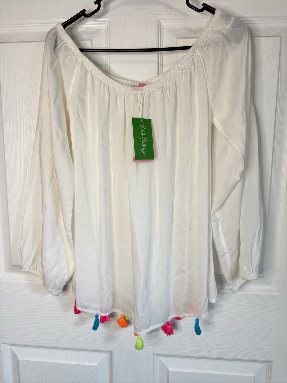 Lilly Pulitzer White Off-Shoulder Tassel Hem Tunic